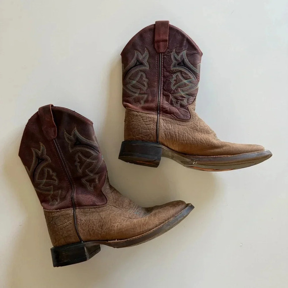 OLD WEST- Kids-Distressed-Vamp-Cowboy Boots-Brown-Red-Size 3 - Picture 1 of 14